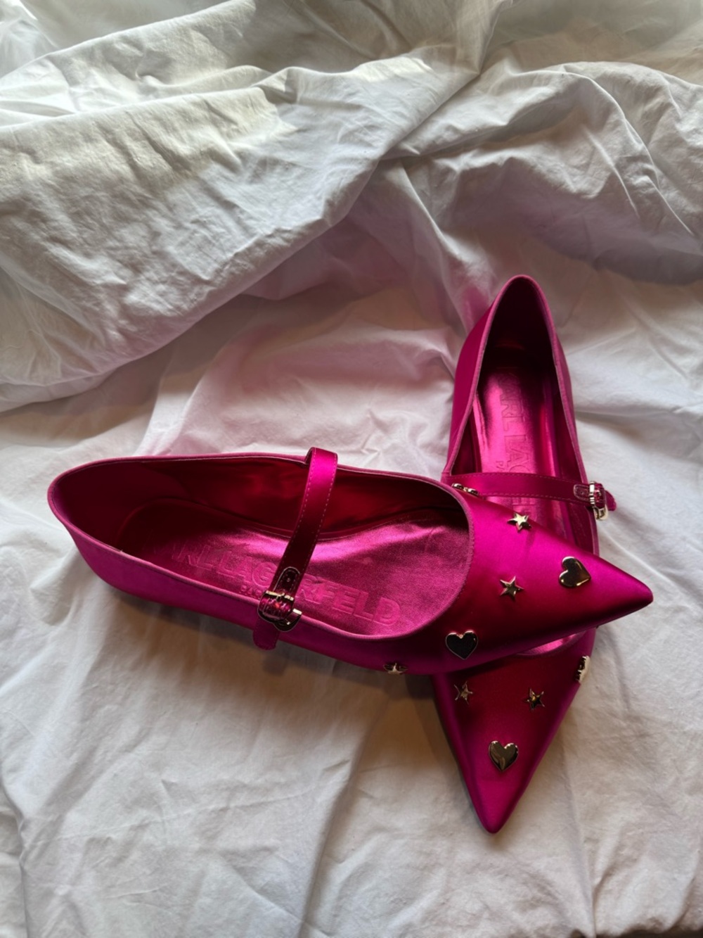 Karl Lagerfeld Veyda Hot Pink Satin Pointed Mary Jane Flats with Gold Studs - Picture 2 of 11